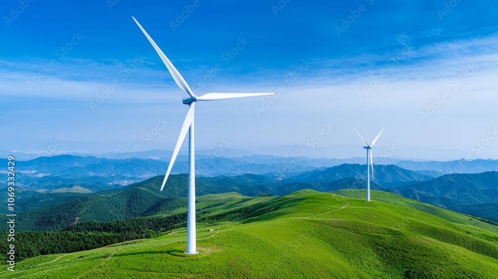 View of a wind farm or wind park with high wind turbines for generating electricity, Wind Energy And Technology, Concept of Green Energy View of a wind farm or wind park with high wind turbines for generating electricity, Wind Energy And Technology, Concept of Green Energy