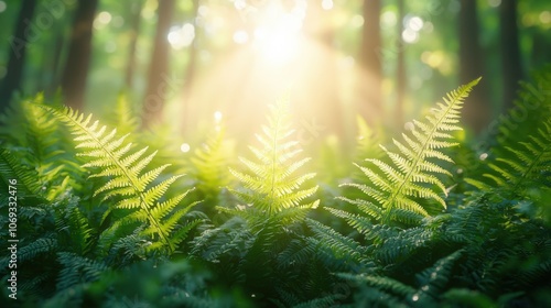 Wallpaper Mural Sunlight streaming through trees illuminates lush ferns in a peaceful forest setting Torontodigital.ca