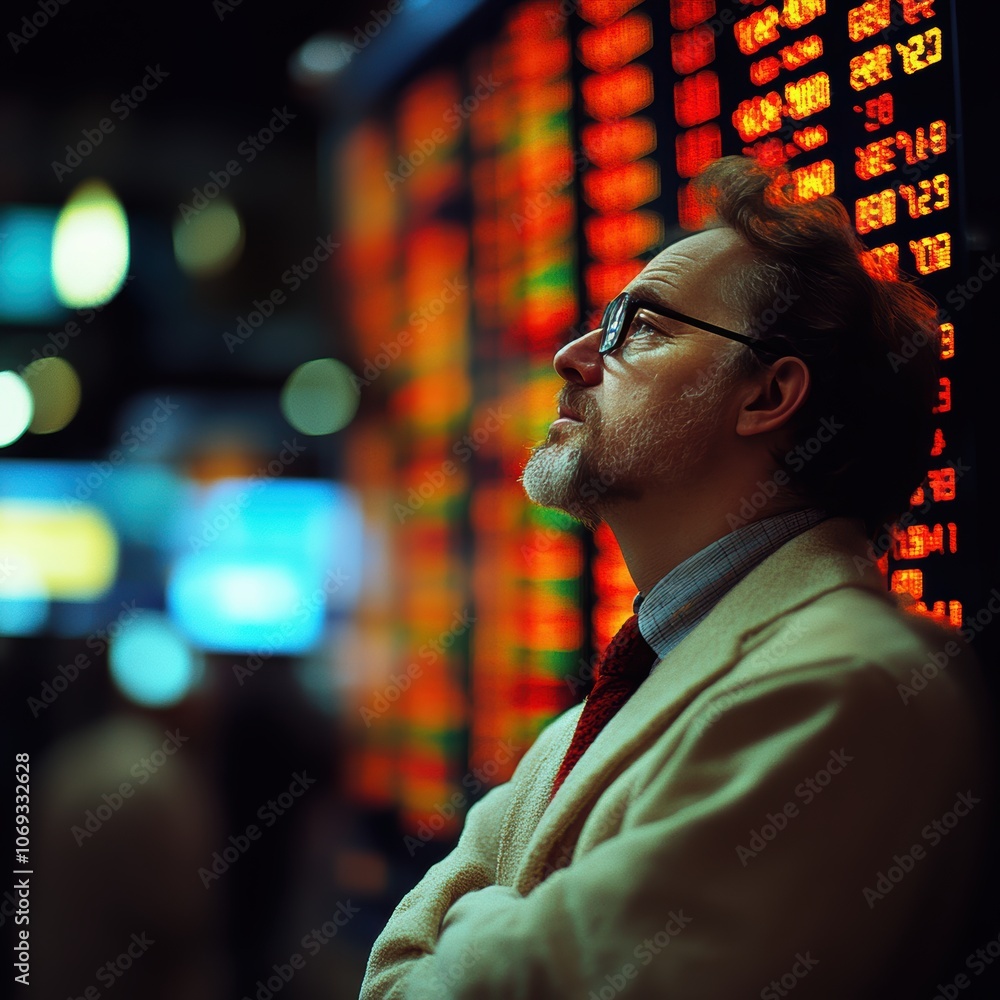 Thoughtful middle-aged Caucasian man in glasses at a stock market display. Thoughtful middle-aged Caucasian man in glasses at a stock market display.