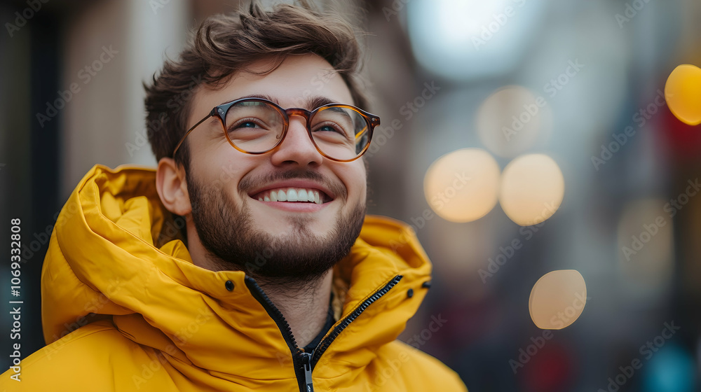 Smiling Man in Yellow Jacket: A man with glasses wearing a cheerful yellow jacket. Smiling Man in Yellow Jacket: A man with glasses wearing a cheerful yellow jacket.