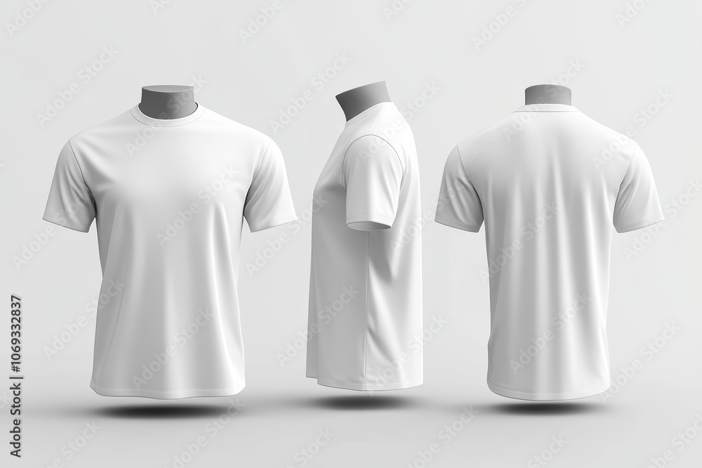 Three views of a plain white t-shirt on a grey background Three views of a plain white t-shirt on a grey background