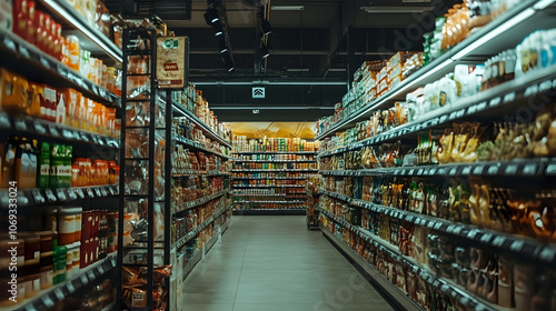 Supermarket Shelves: Interior view of a supermarket with numerous goods on display. 