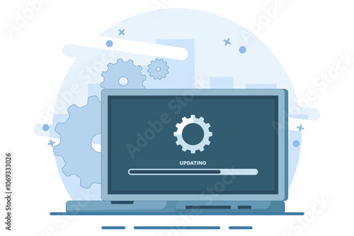 Laptop computer with software update screen, System maintenance, update process, operating system update, software installation, operating system. Flat vector illustration on background.
