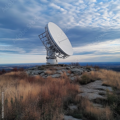 Large satellite dish on rocky hill with a backdrop of cloudy sky and distant landscape.