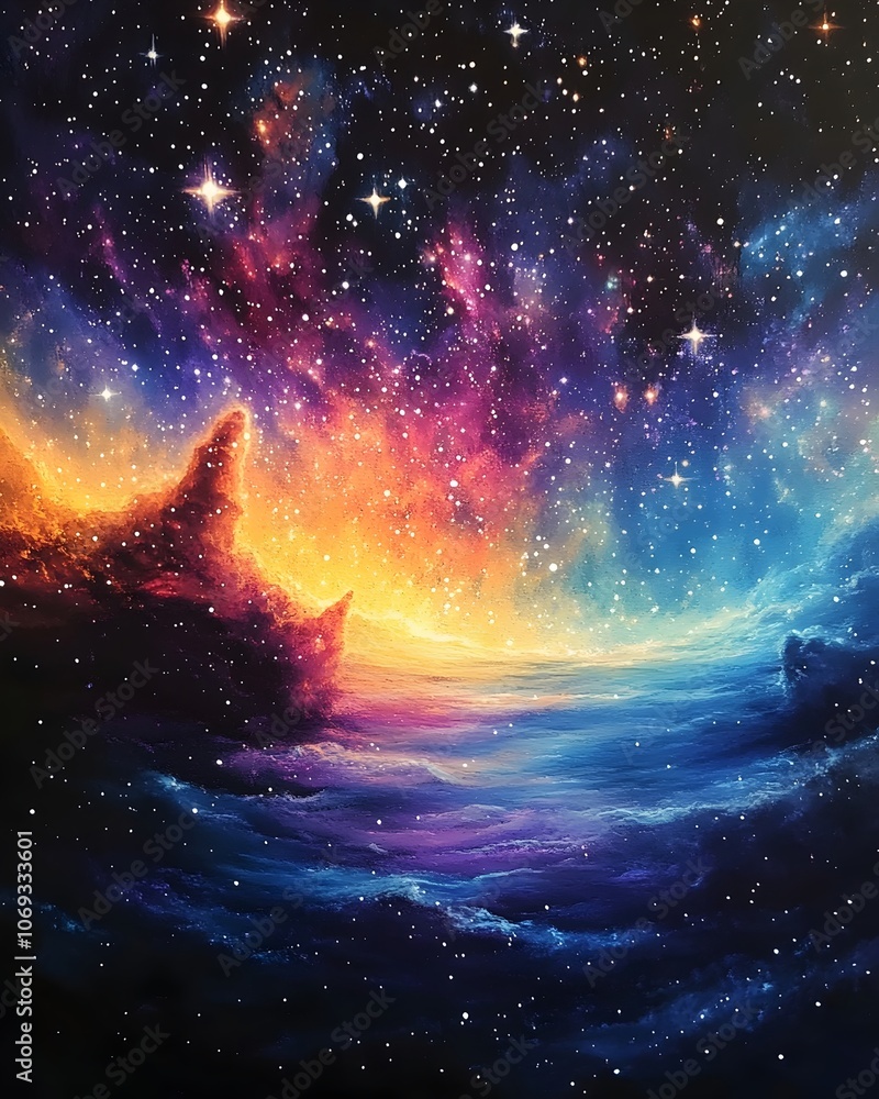 Obraz premium A stunning cosmic landscape featuring vibrant colors of purple, orange, and blue swirling through a star-filled galaxy, evoking a sense of wonder and vastness in space.