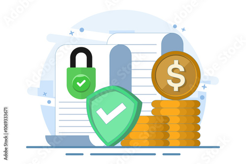 Concept of secure private key document for money as deposit slip agreement or cash income guarantee, privacy protection padlock on stack of coins, closed access permission.