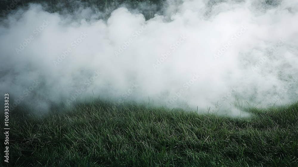 White Smoke on Grass Field: Flowing white smoke or fog across a grassy field. White Smoke on Grass Field: Flowing white smoke or fog across a grassy field.