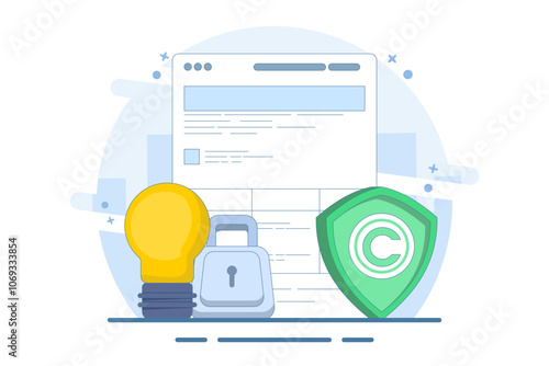 Intellectual property protection concept. copyright patent law, copyright protected by law, patent protection, intellectual property, copyright symbol, legal document. Flat vector illustration.