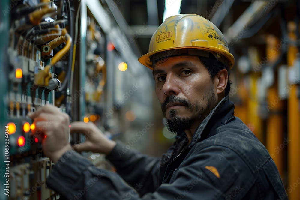 Focused Technician Working on Control Panel in Industrial Setting Focused Technician Working on Control Panel in Industrial Setting