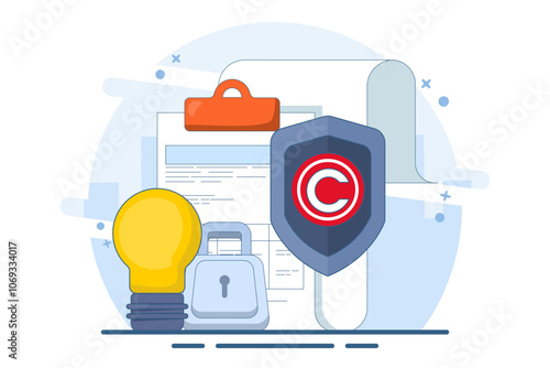 Intellectual property protection concept. copyright patent law, copyright protected by law, patent protection, intellectual property, copyright symbol, legal document. Flat vector illustration.