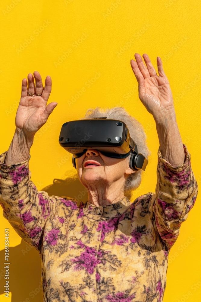 An older woman sitting with a virtual reality headset on her face, focused on the digital world An older woman sitting with a virtual reality headset on her face, focused on the digital world