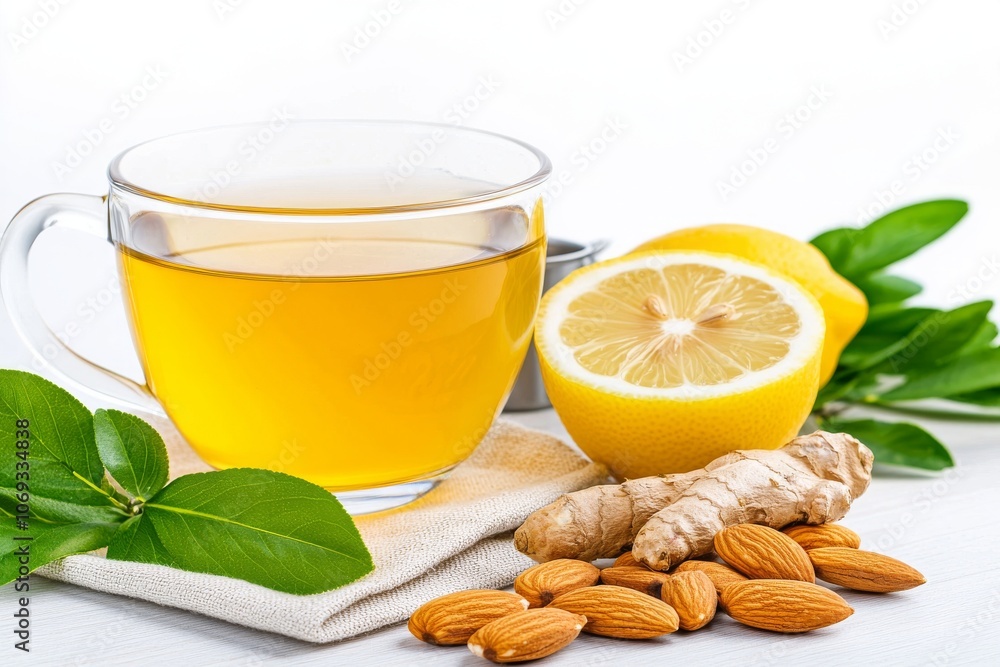 Concept of natural cold remedies - ginger tea, drugs, thermometer Concept of natural cold remedies - ginger tea, drugs, thermometer