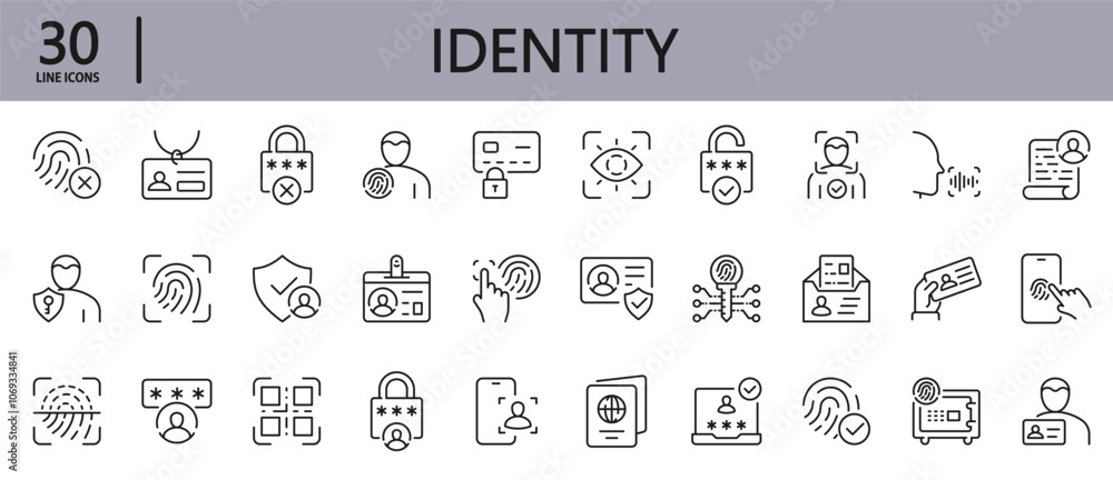 Identity line icons set with Privacy, Identity Check, Security, Authentication, Scanner, Finger, Biometric, Identity, Password, Key, Print and more. Editable Stroke Identity line icons set with Privacy, Identity Check, Security, Authentication, Scanner, Finger, Biometric, Identity, Password, Key, Print and more. Editable Stroke