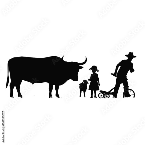 a black silhouette of a farmer plowing a field with a plow.