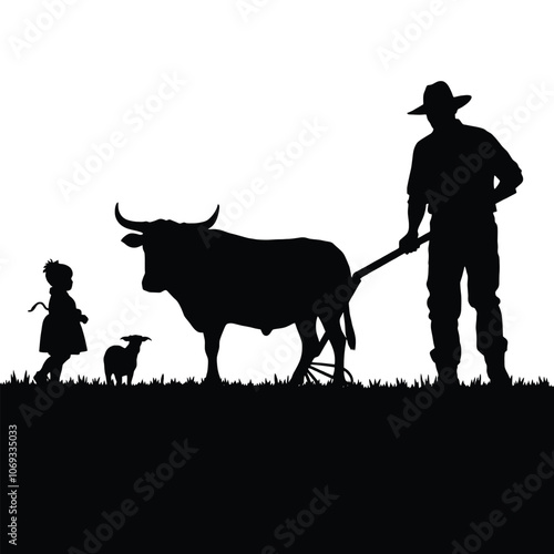 a black silhouette of a farmer plowing a field with a plow.