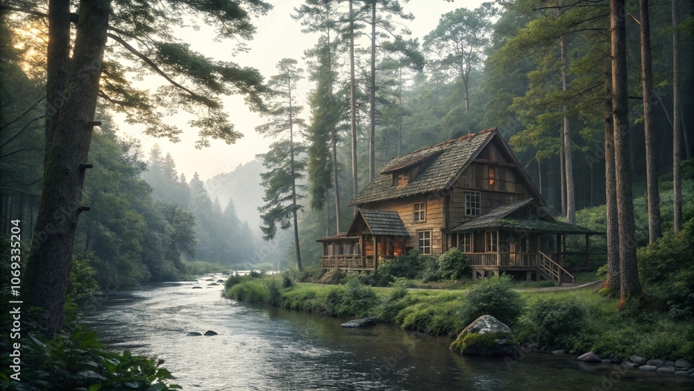 house in the forest, Generative AI. house in the forest, Generative AI.