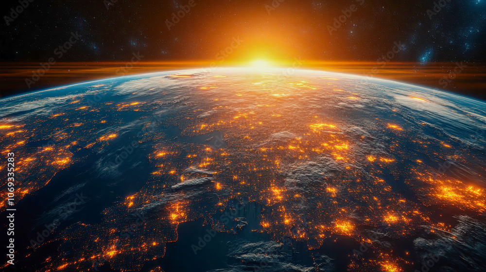 Stunning view of Earth from space, showing illuminated city lights at night and a glowing sunrise on the horizon Stunning view of Earth from space, showing illuminated city lights at night and a glowing sunrise on the horizon
