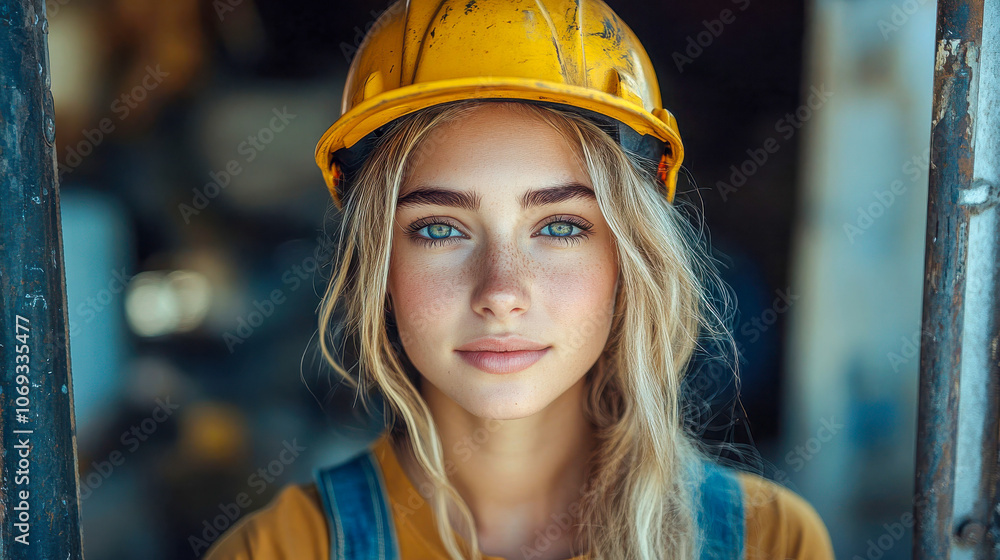 Young woman in a yellow helmet, conveying strength and resilience in an outdoor, rugged environment Young woman in a yellow helmet, conveying strength and resilience in an outdoor, rugged environment