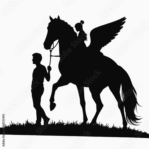 silhouette of a winged horse standing gracefully on an isolated white background.