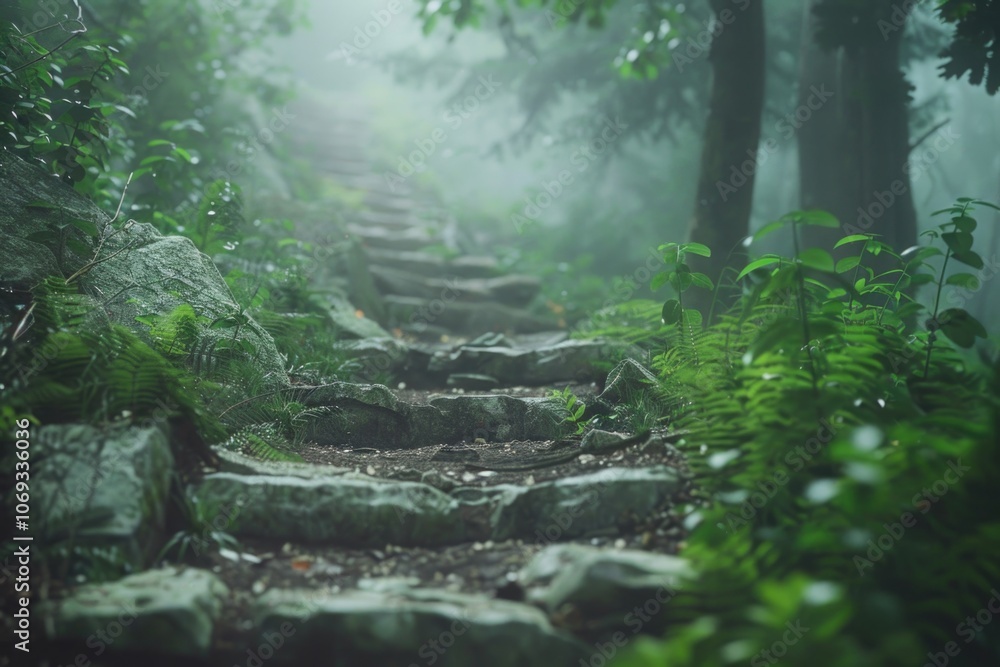 Fototapeta premium A stone path winding through a dense forest, suitable for outdoor and nature-themed projects