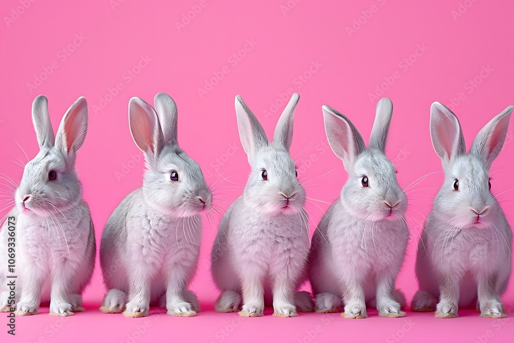 Adorable Lineup of White Rabbits Against a Pink Background Adorable Lineup of White Rabbits Against a Pink Background