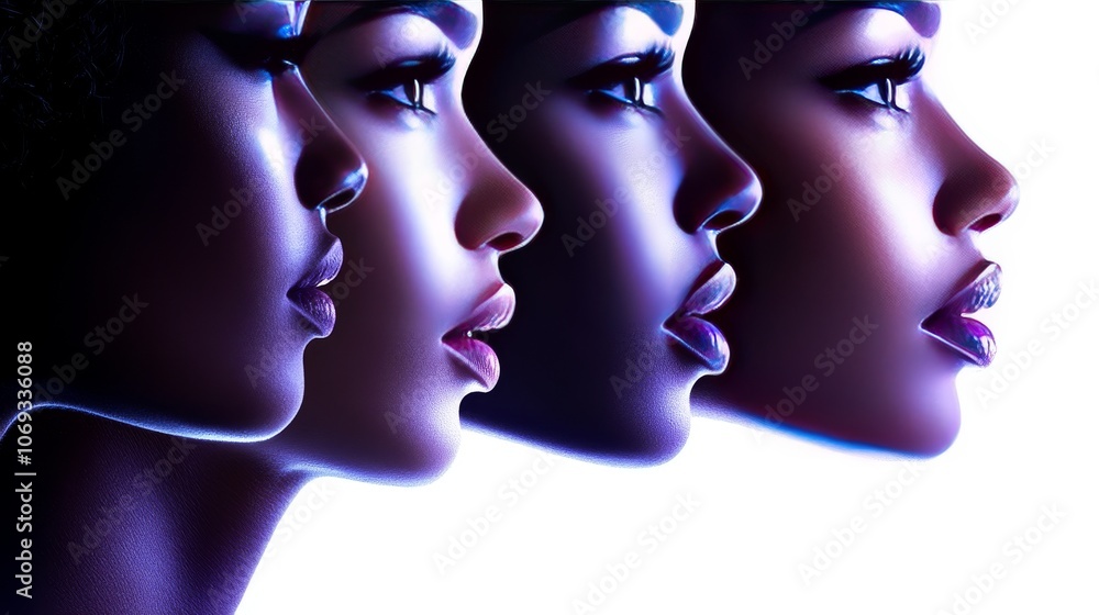 Three futuristic women’s profiles in neon blue light representing modernity digital connection and individuality in a surreal and tech inspired visual composition Three futuristic women’s profiles in neon blue light representing modernity digital connection and individuality in a surreal and tech inspired visual composition