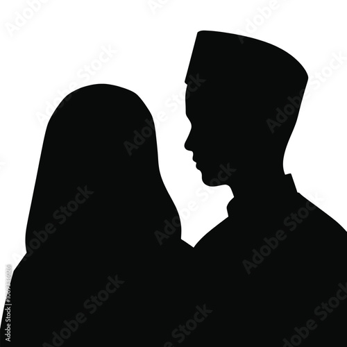 Vector silhouette of a Muslim girl and a Muslim boy together, both wearing traditional attire