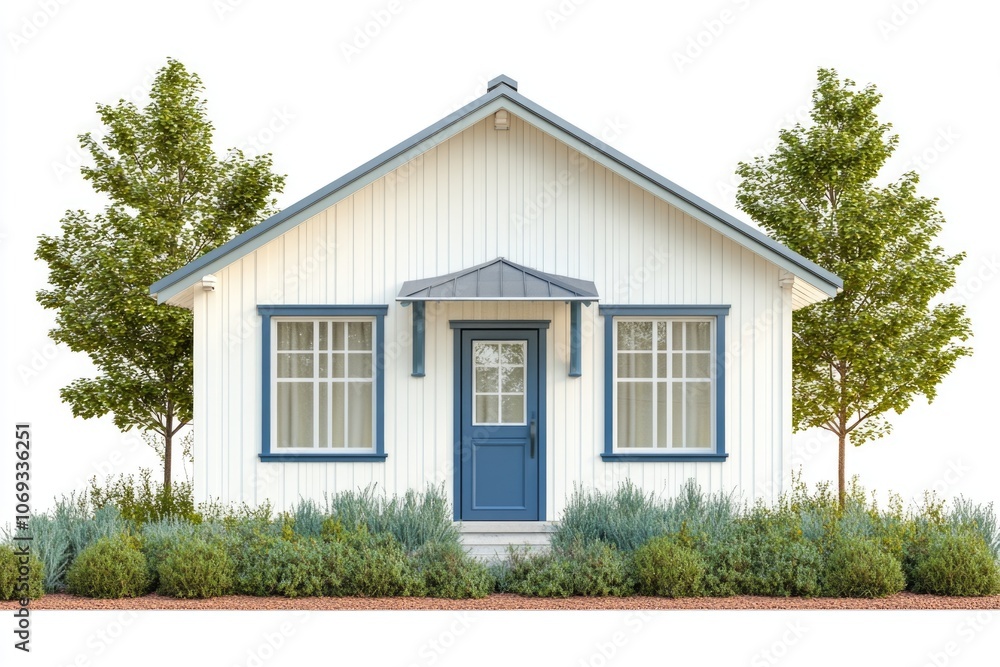 A small white house with a blue door, great for real estate or home decor illustrations A small white house with a blue door, great for real estate or home decor illustrations