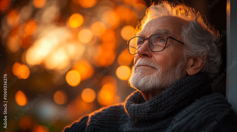 Elderly man smiling at sunset with bokeh lights background Elderly man smiling at sunset with bokeh lights background