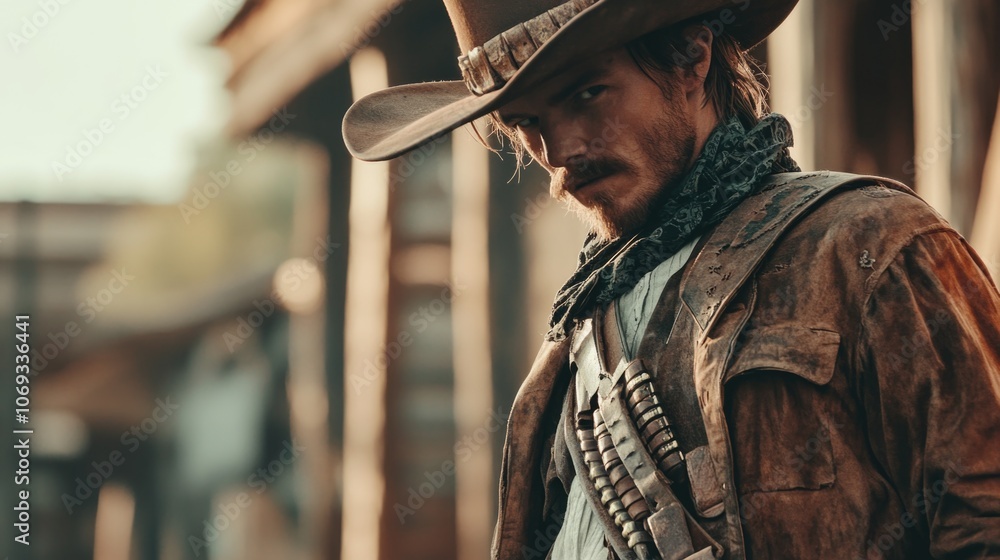 A close-up of a man wearing a cowboy hat and a leather jacket, perfect for use as a profile or character image A close-up of a man wearing a cowboy hat and a leather jacket, perfect for use as a profile or character image