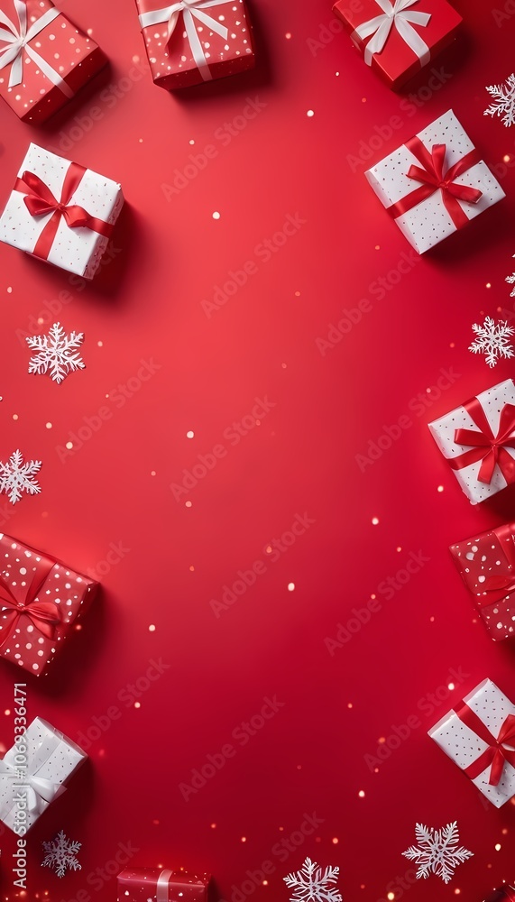 Frame Festively wrapped gifts surrounded by snowflakes on a red background during the holiday season Frame Festively wrapped gifts surrounded by snowflakes on a red background during the holiday season