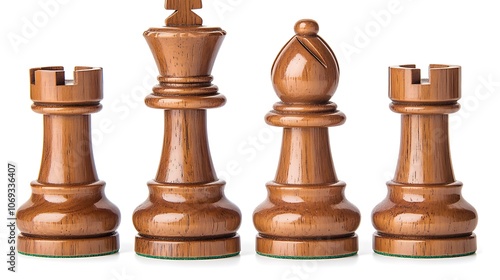 wooden chess pieces on white background