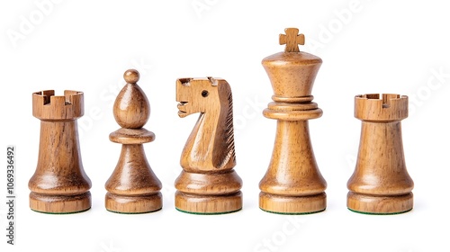 wooden chess pieces on white background