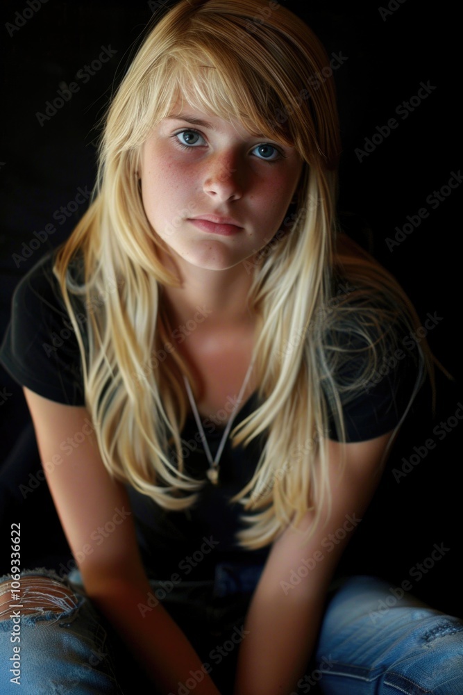 Young woman with blonde hair wearing a black shirt, possibly for a concert or music event Young woman with blonde hair wearing a black shirt, possibly for a concert or music event