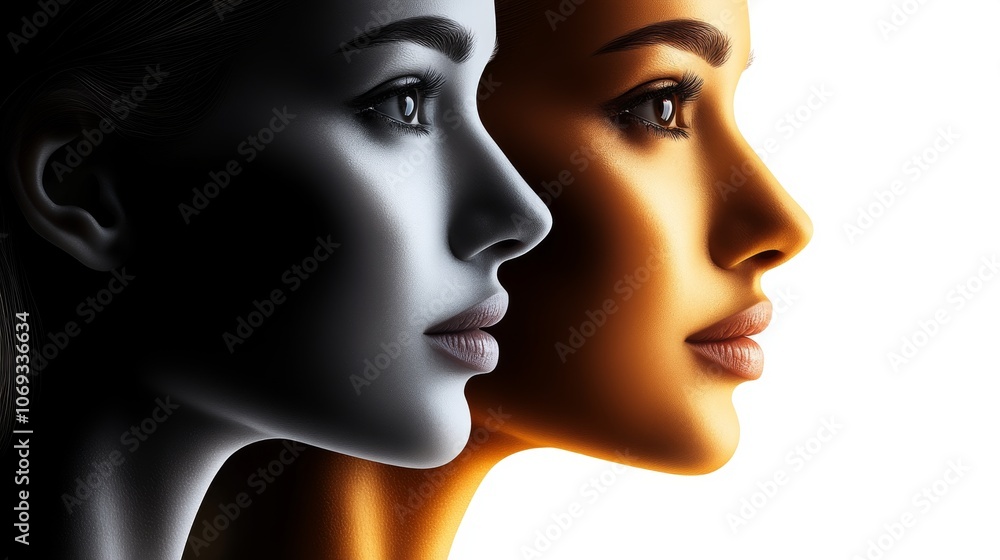 Dual toned women’s faces in profile one black and white and one golden representing contrast duality and unity in a modern high contrast and symbolic composition Dual toned women’s faces in profile one black and white and one golden representing contrast duality and unity in a modern high contrast and symbolic composition