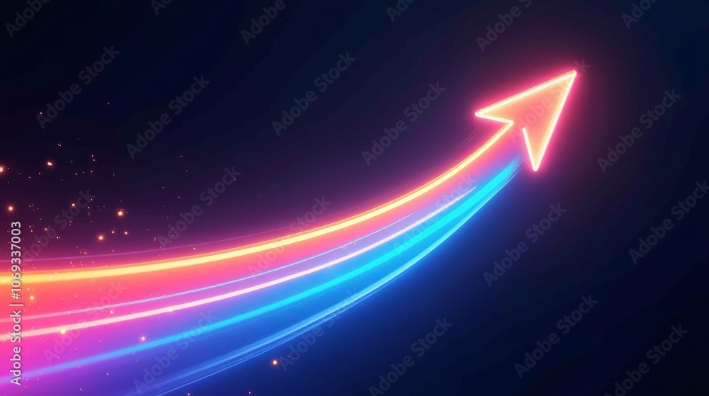 A vibrant neon arrow curving upward in blue and orange hues, symbolizing progress, growth, and dynamic motion on a dark background. A vibrant neon arrow curving upward in blue and orange hues, symbolizing progress, growth, and dynamic motion on a dark background.