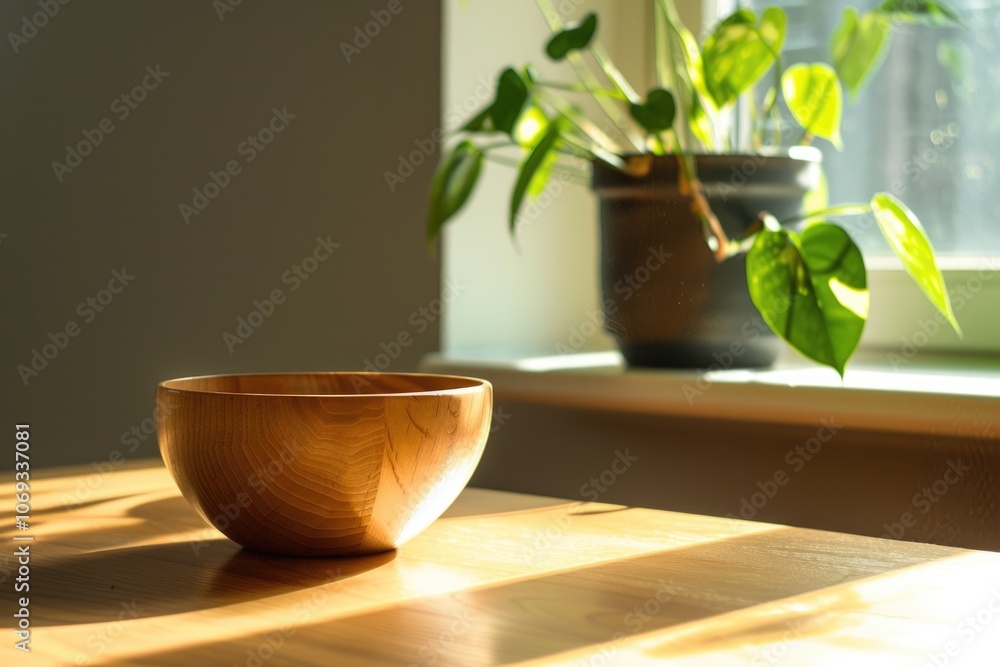 Fototapeta premium A simple still life scene featuring a wooden bowl placed on top of a wooden table