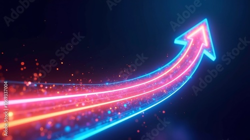 A vibrant neon arrow curving upward in blue and orange hues, symbolizing progress, growth, and dynamic motion on a dark background.