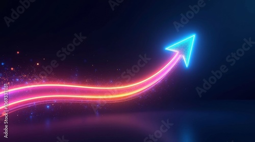A vibrant neon arrow curving upward in blue and orange hues, symbolizing progress, growth, and dynamic motion on a dark background.