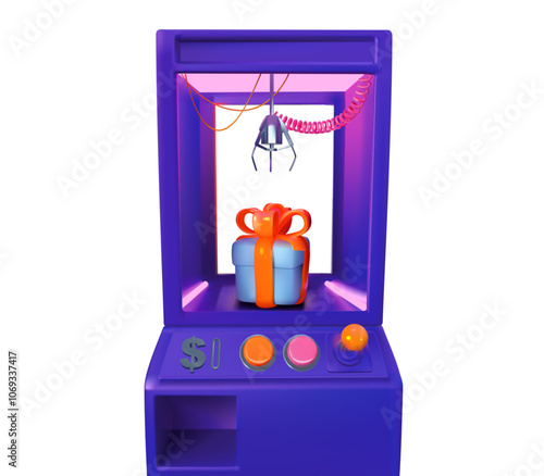 Slot machine crane machine. Getting a gift in the game. Box with prizes. Grabber machine with toys and gifts. 3d realistic illustration. Vector