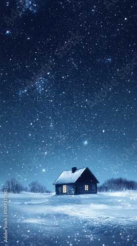 Snowy Winter Night with a Cozy Cabin and Starry Sky