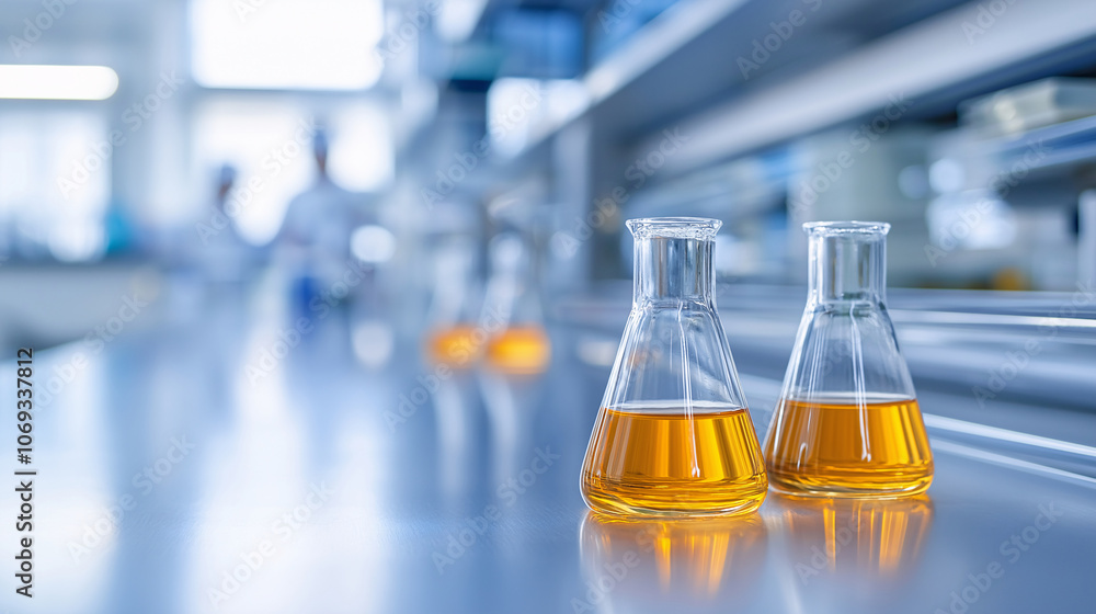 Laboratory Flasks with Yellow Liquid on a Shiny Surface Science Experiment Chemistry Research Laboratory Flasks with Yellow Liquid on a Shiny Surface Science Experiment Chemistry Research