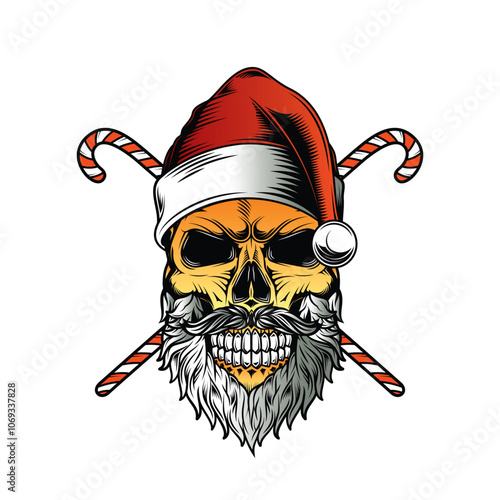 Skull with beard and mustache in Santa Claus hat. Christmas and New Year poster. Original vector illustration in vintage style. T-shirt design.