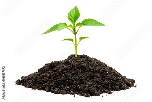 a green plant growing from dirt isolated on white background.AI GENERATED