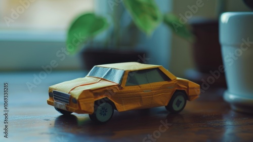 A small toy car sits on a wooden table, perfect for photography or illustration