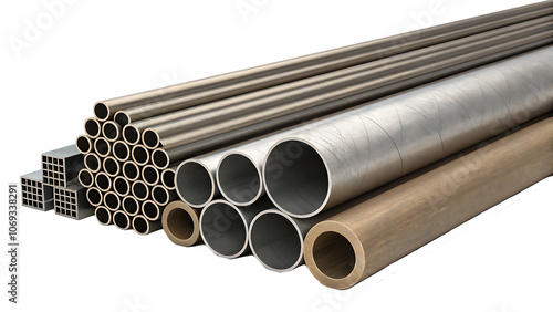 a group of metal pipes isolated on white background.AI GENERATED