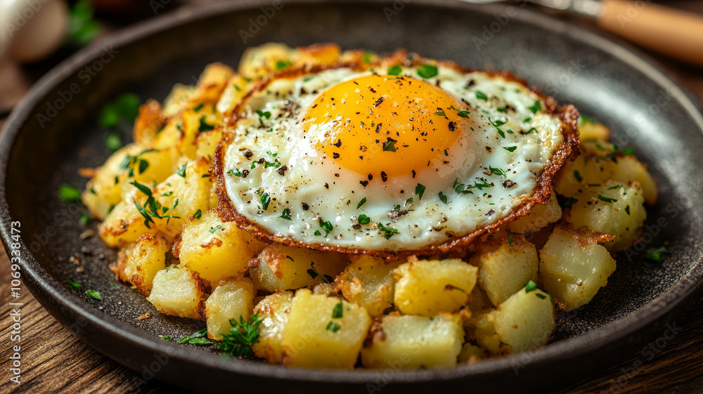 Fried egg on potatoes garnished with herbs Fried egg on potatoes garnished with herbs