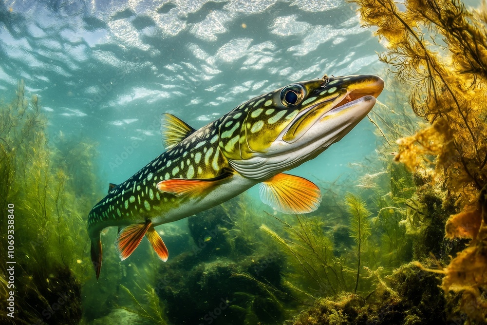 Fototapeta premium Tiger trout swimming in freshwater lake with green algae