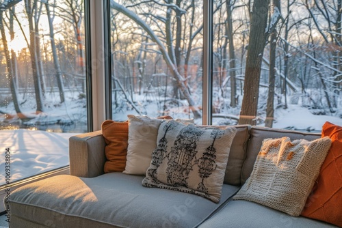 A couch sits in front of a snowy window, perfect for winter scenes or cozy interiors photo