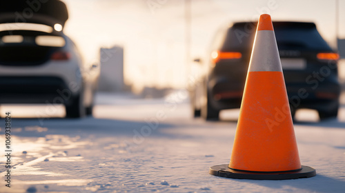 Traffic Cone on Snowy Road with Blurred Cars in Background photo